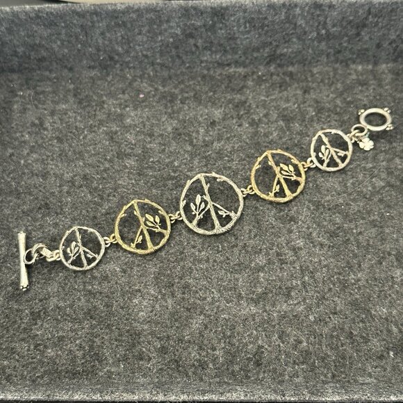 Lucky Brand Peace Symbol Bracelet Toggle Clasp 8" Mixed Metal Twigs & Leaves - Picture 2 of 10